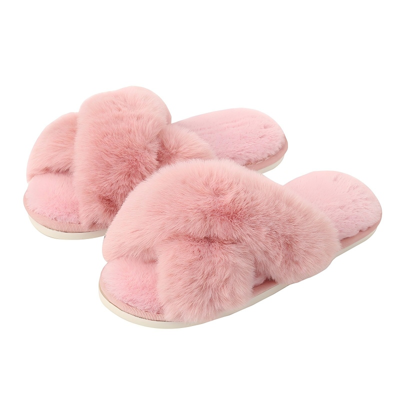 Women's Fuzzy Cross Band IndoorOutdoor Soft Open Toe Slippers-1