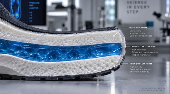 Cross-section view of shoe sole showing layered foam and energy-return gel