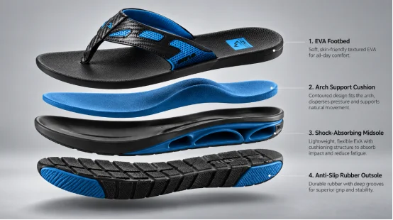 Exploded view of comfort flip-flop sole layers and arch support