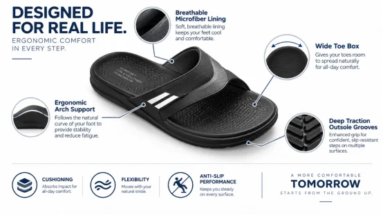 Infographic highlighting ergonomic comfort features of a slide sandal