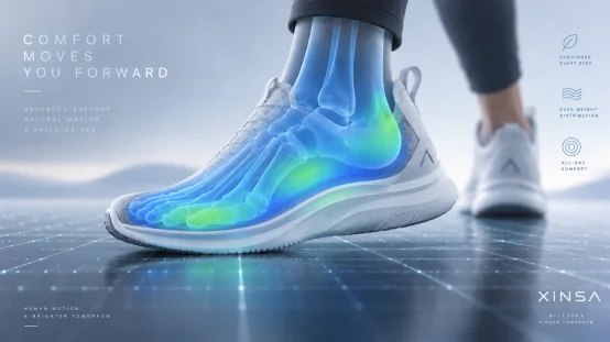 X-ray view of a foot inside a shoe with heat map pressure point analysis