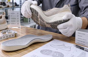 Quality inspector testing comfort shoe sole flexibility and insole support